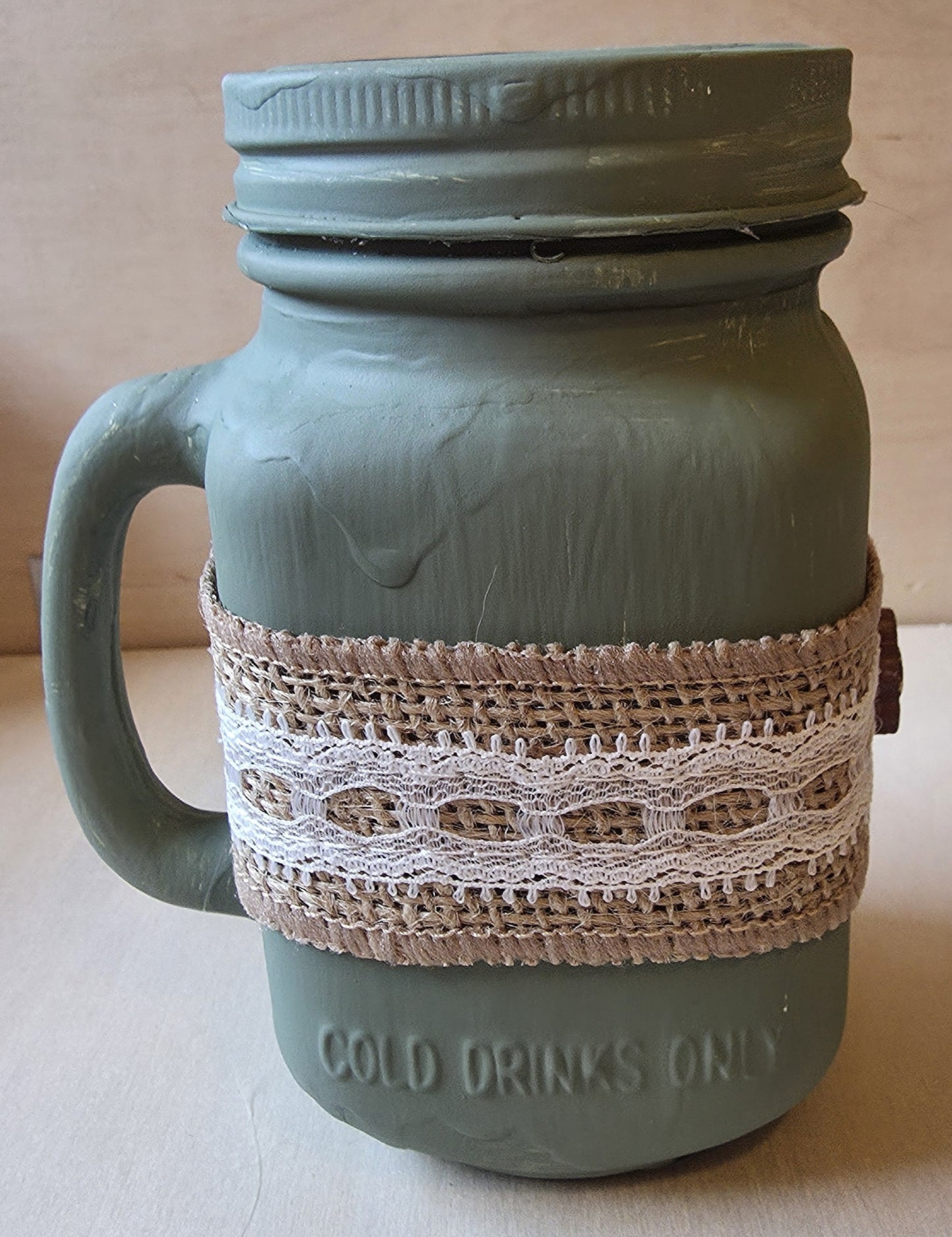 Cozy Farmhouse Green Hand-Painted Jar Mug with Rustic Burlap Wrap