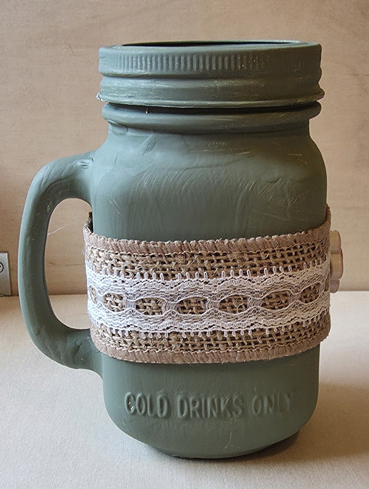 Hand-Painted Sage Green Mason Jar Mug with Pink Flower Accent & Lace