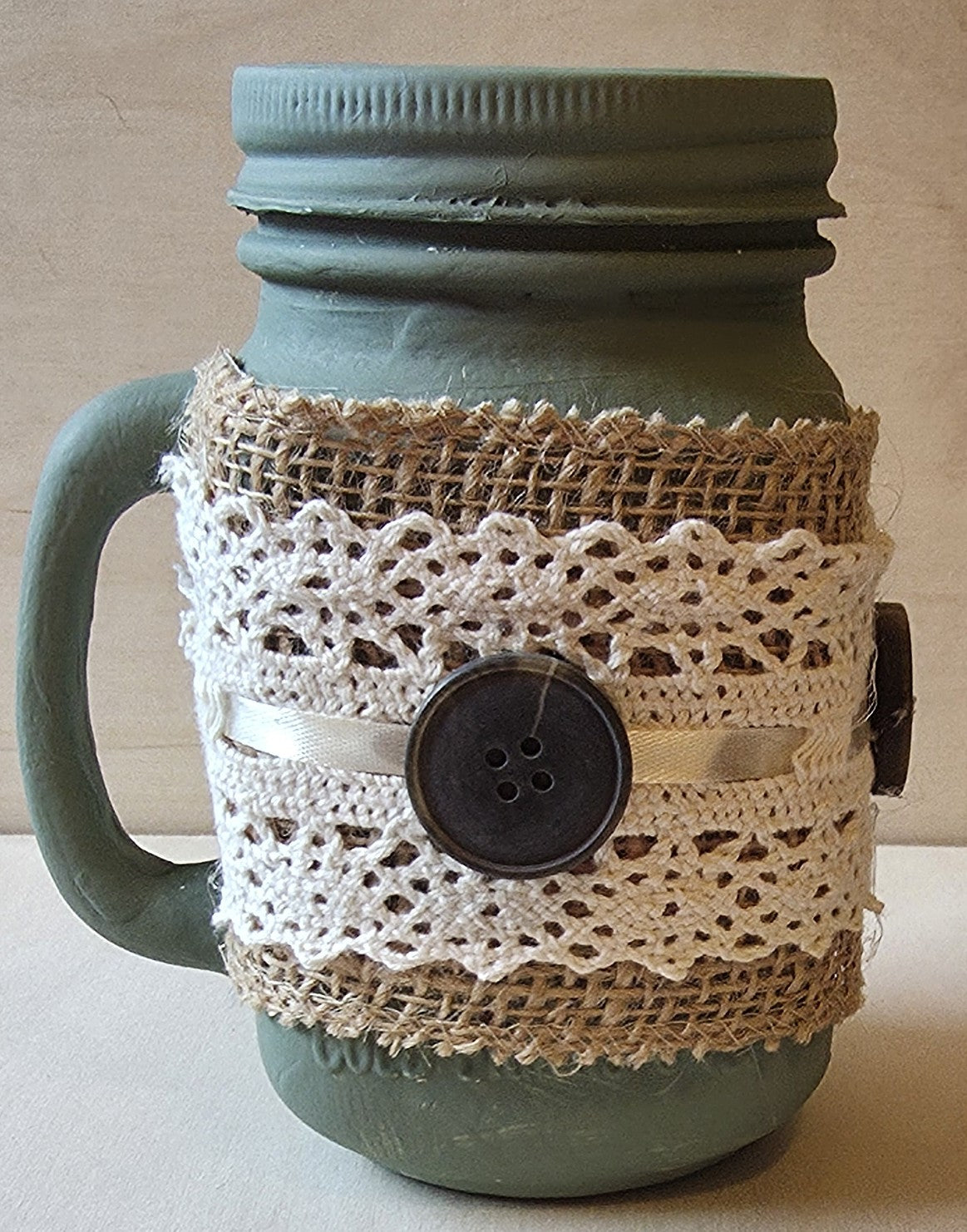 Farmhouse Sage Green Jar Mug with Ribbon-Threaded Lace & Vintage Button Accents