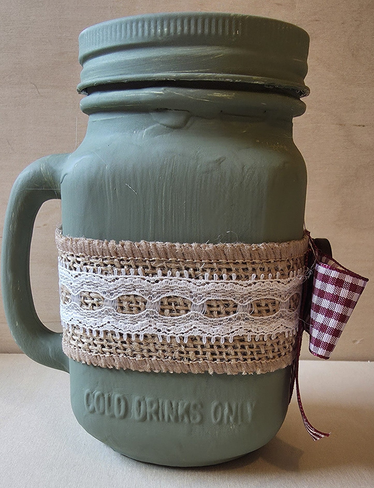 Hand-Painted Sage Green Mason Jar Mug with Burgundy Gingham Bow & Button