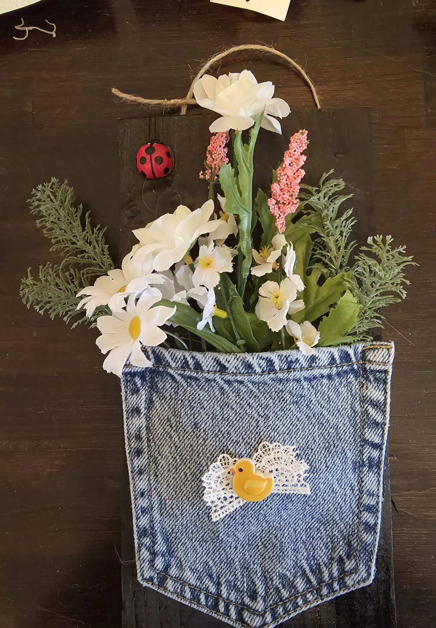 Country Garden Denim Pocket Wall Hanging with White Daisies and Little Yellow Duck