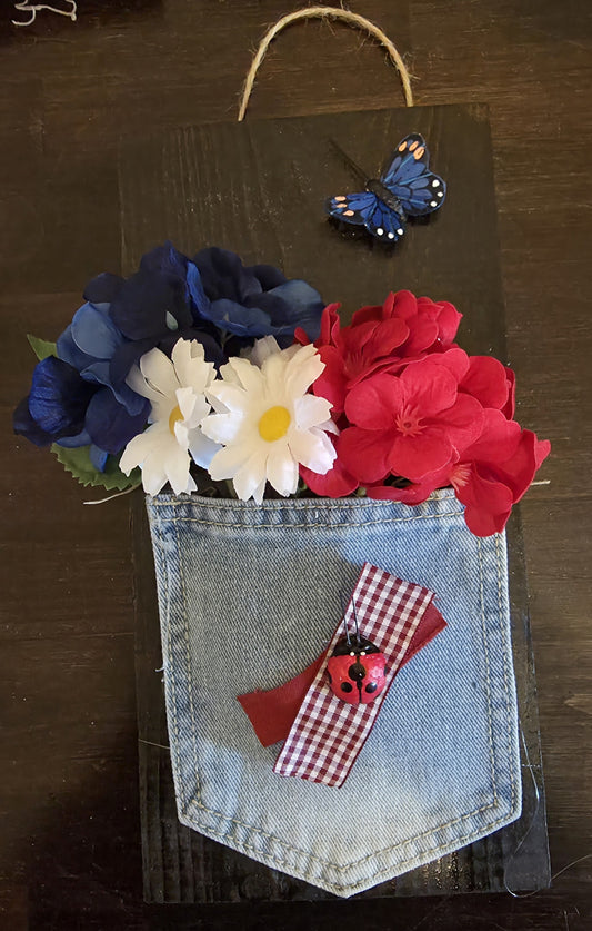 Patriotic Upcycled Denim Pocket Wall Hanging with Faux Florals and Ladybug Detail