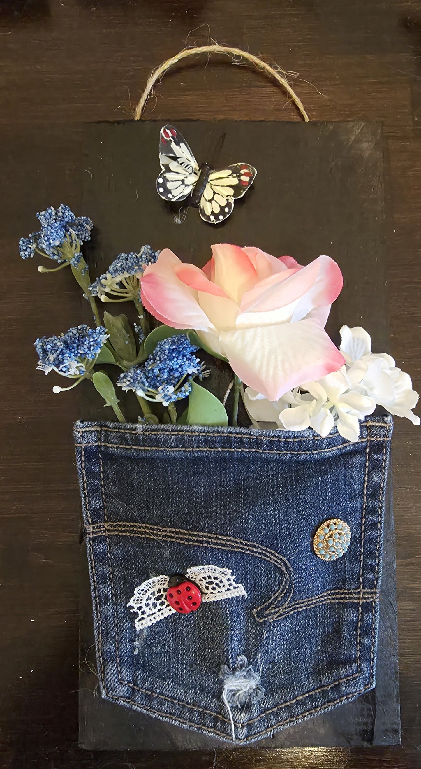 Shabby Chic Denim Pocket Wall Hanging with Pink Rose and Ladybug Accent
