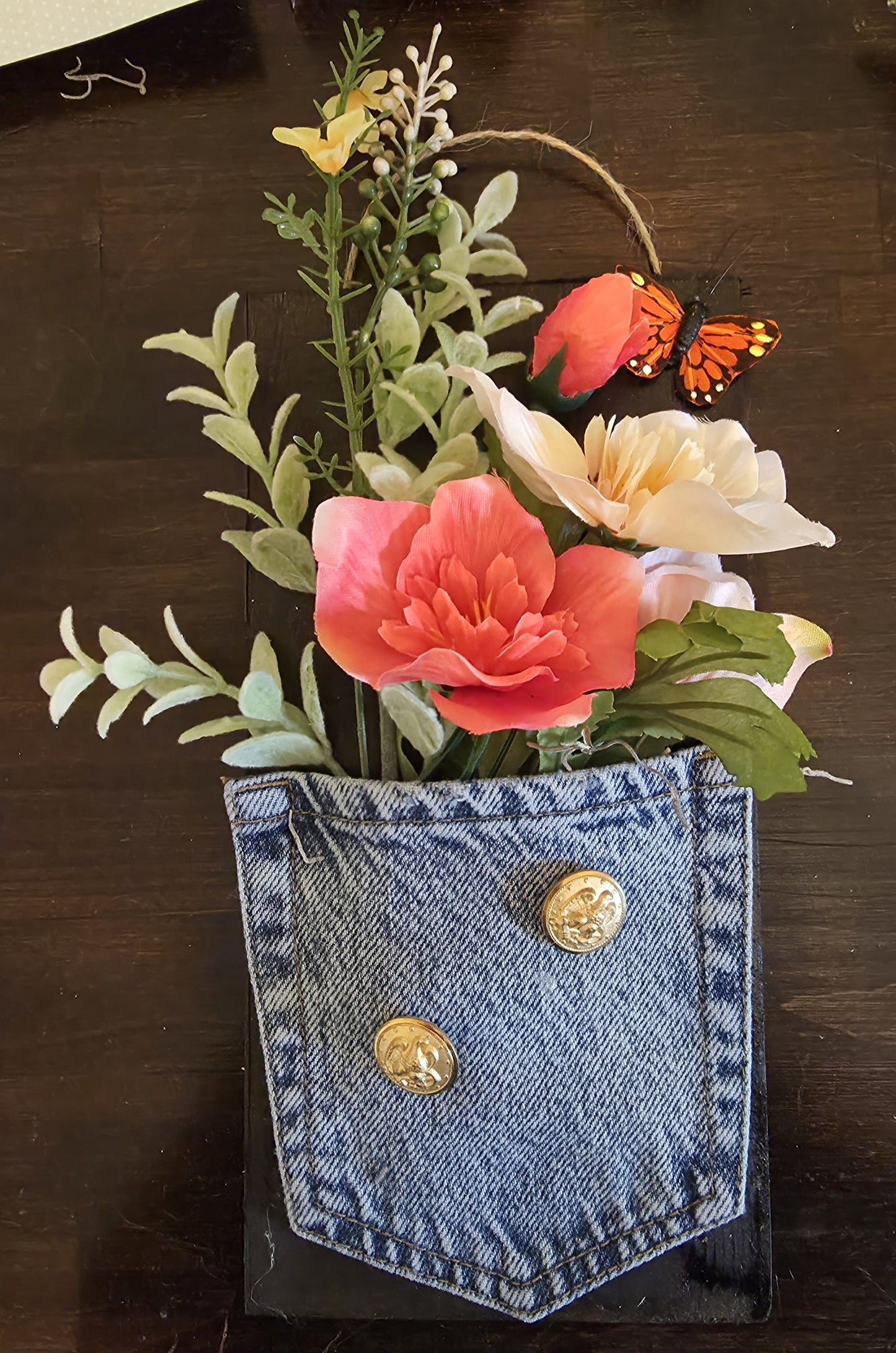Rustic Denim Pocket Wall Hanging with Faux Florals and Monarch Butterfly