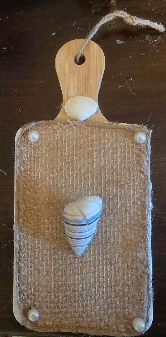 Coastal Burlap & Seashell Cutting Board Wall Sign