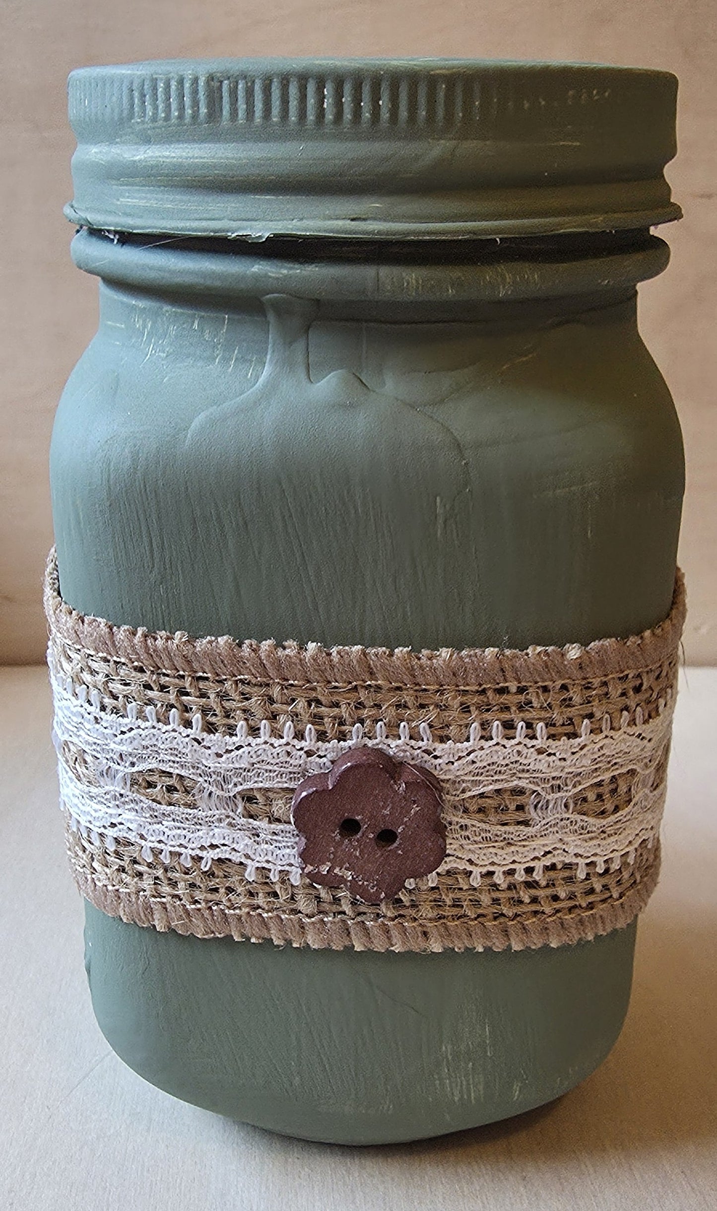 Cozy Farmhouse Green Hand-Painted Jar Mug with Rustic Burlap Wrap