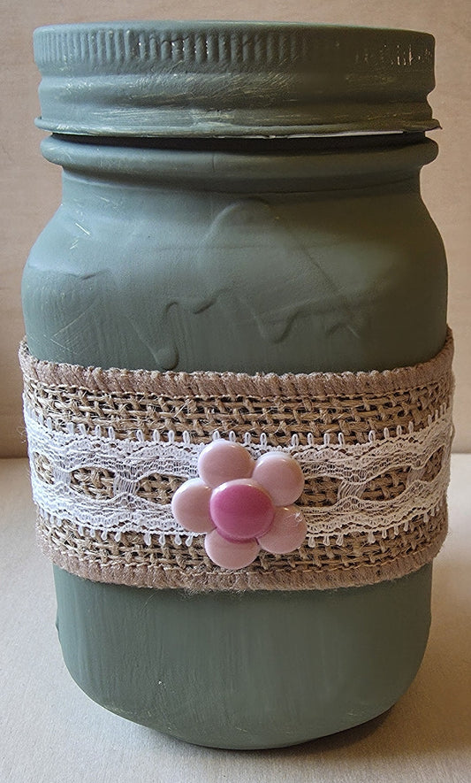 Hand-Painted Sage Green Mason Jar Mug with Pink Flower Accent & Lace
