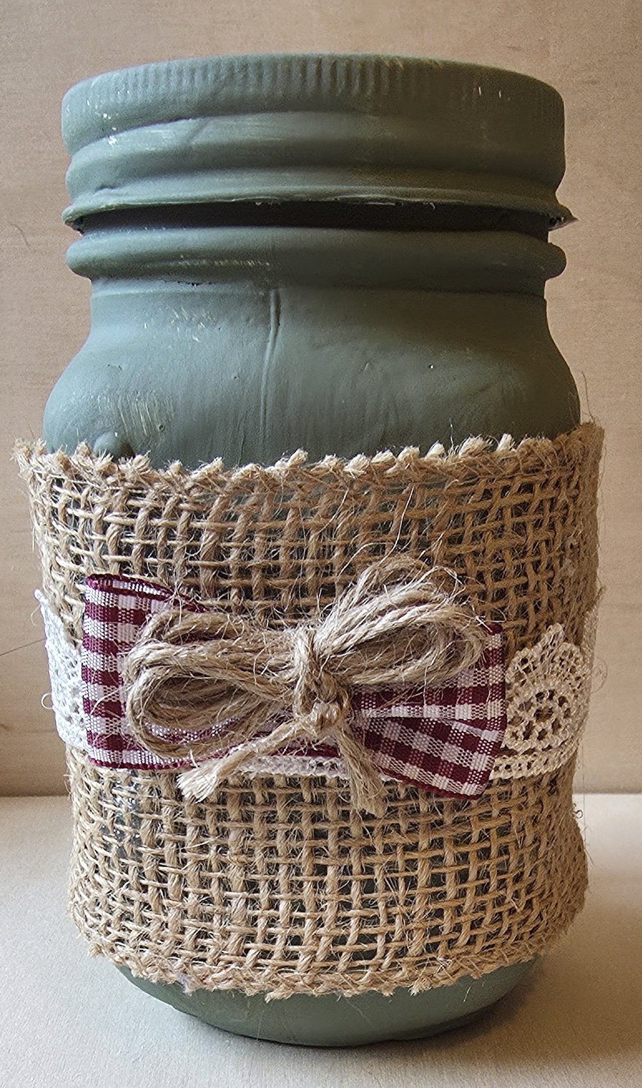 Rustic Sage Green Mason Jar Mug with Wide Burlap Wrap & Gingham Bow Accent