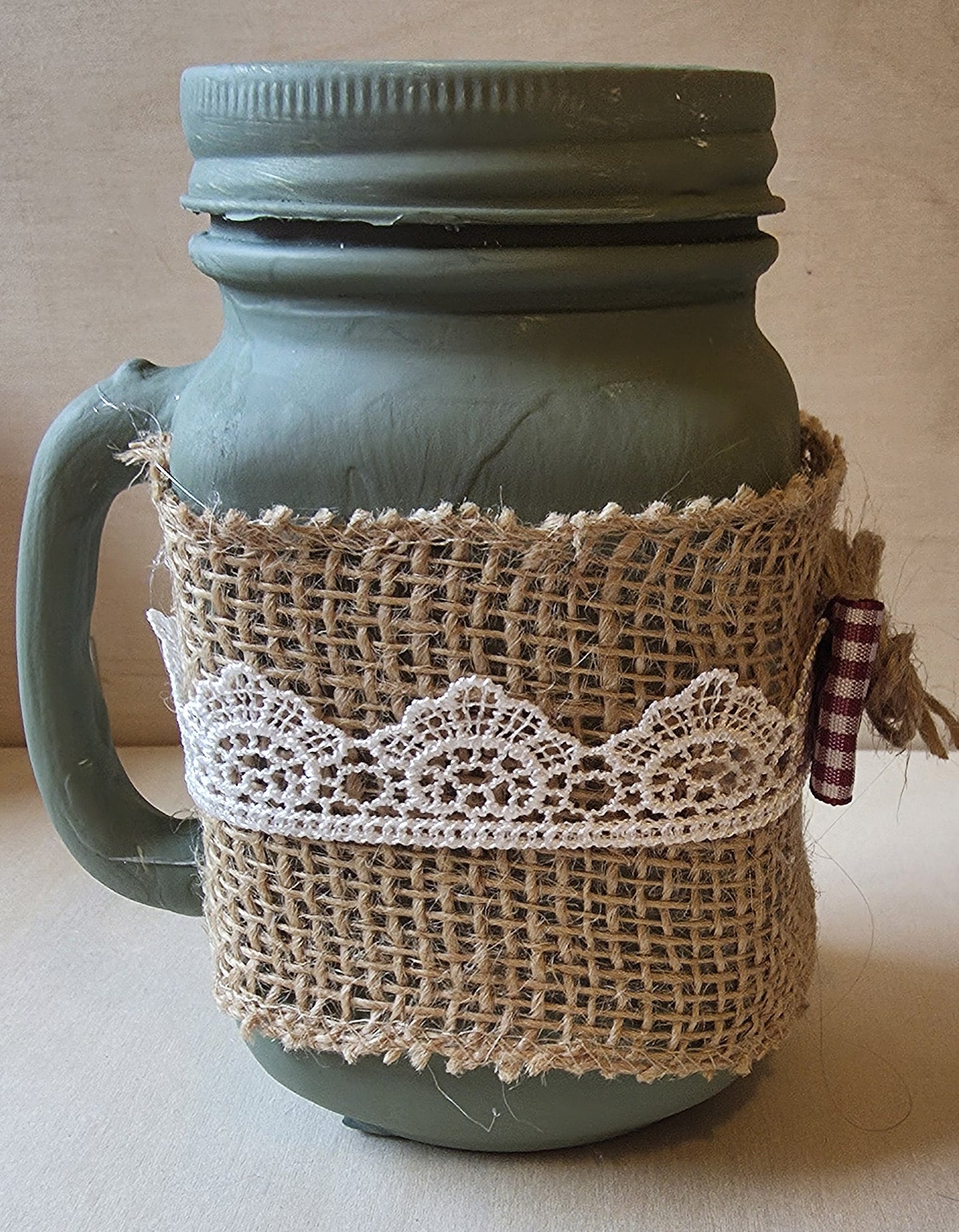 Rustic Sage Green Mason Jar Mug with Wide Burlap Wrap & Gingham Bow Accent