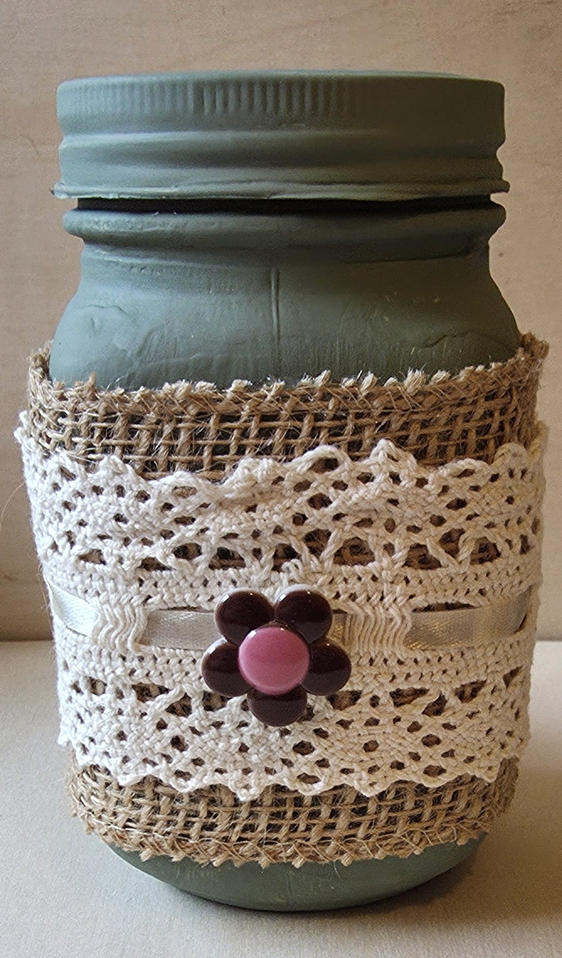 Shabby Chic Sage Green Painted Jar Mug with Woven Lace & Floral Accent