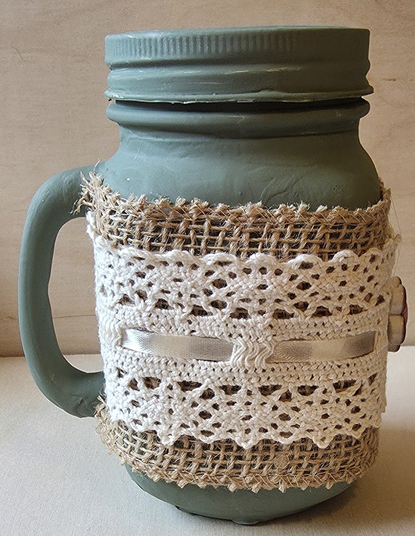 Shabby Chic Sage Green Painted Jar Mug with Woven Lace & Floral Accent