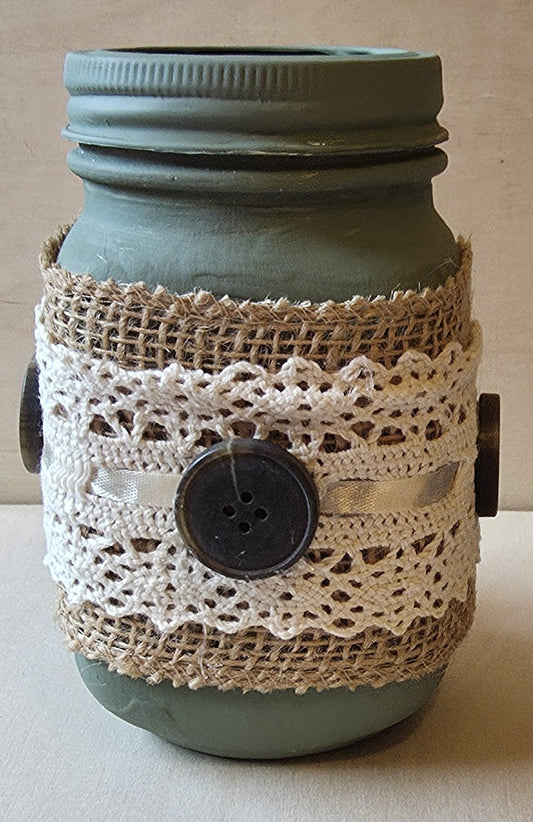Farmhouse Sage Green Jar Mug with Ribbon-Threaded Lace & Vintage Button Accents