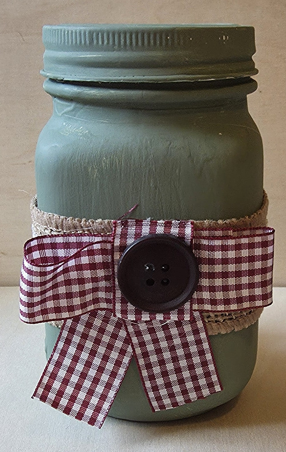 Hand-Painted Sage Green Mason Jar Mug with Burgundy Gingham Bow & Button